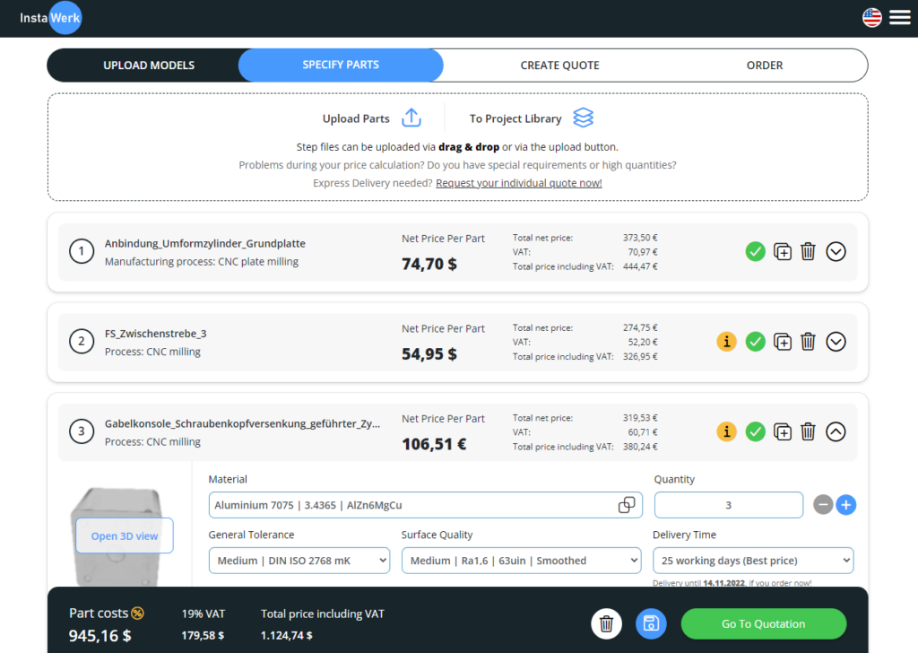 Instant Quoting Interphase for Milled and Turned Parts