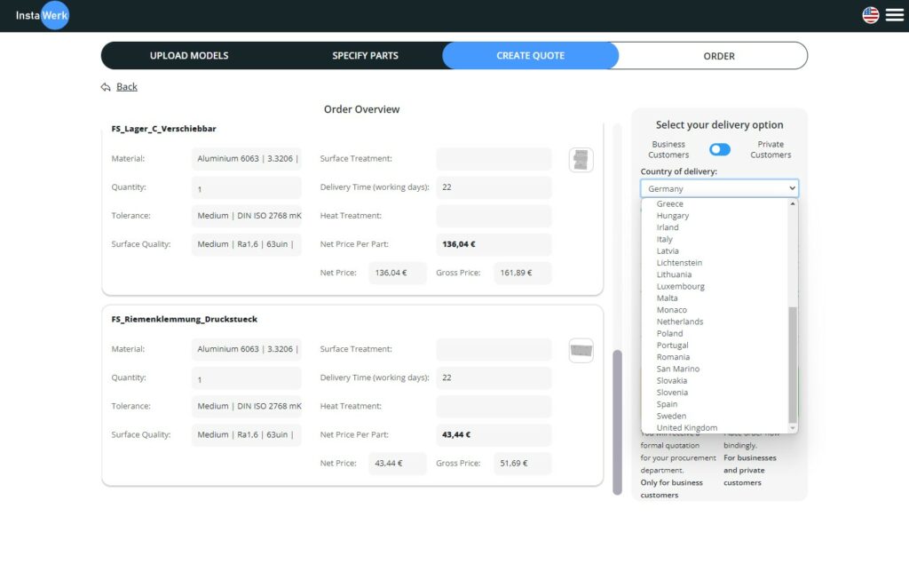 InstaWerk provides instant quotes for CNC machining (milling, turning) online