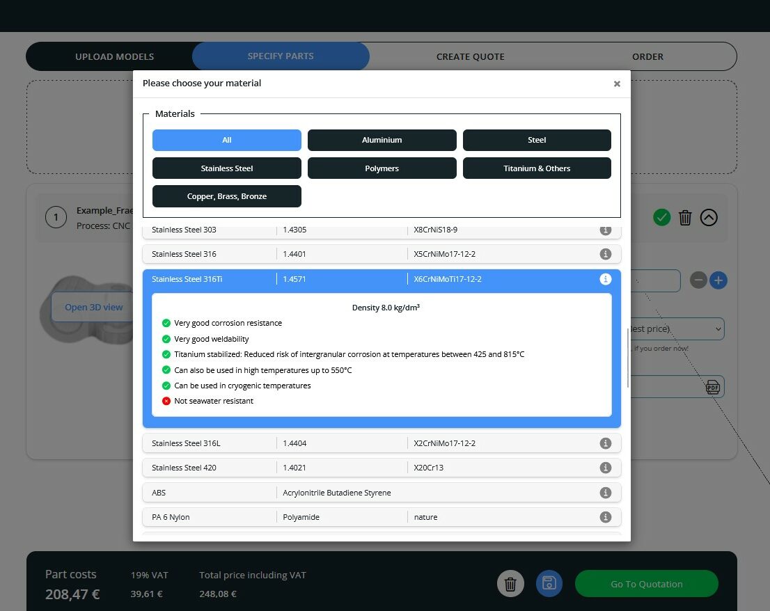 Instant Quoting of Stainless Steel Components