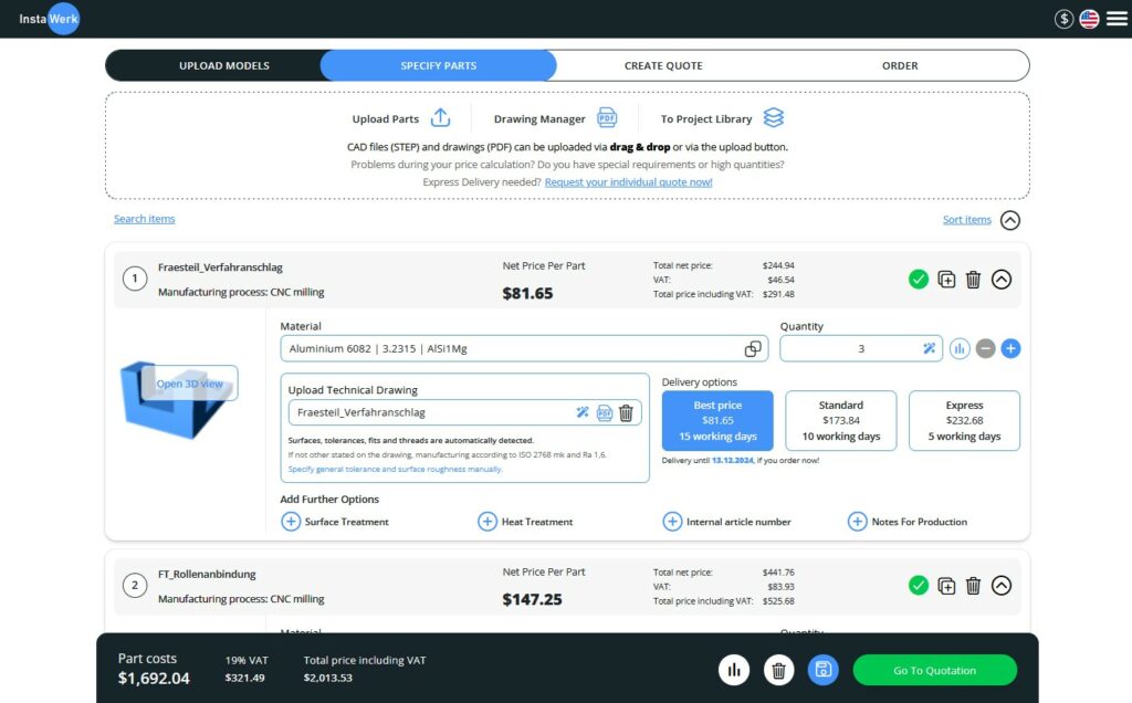 InstaWerk's AI powered quoting engine analyses both CAD models and technical drawings instantly