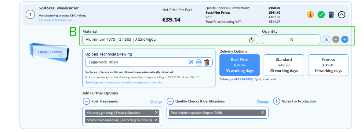 Choose material and quantity for your CNC milled parts on the online configurator to get an instant quote