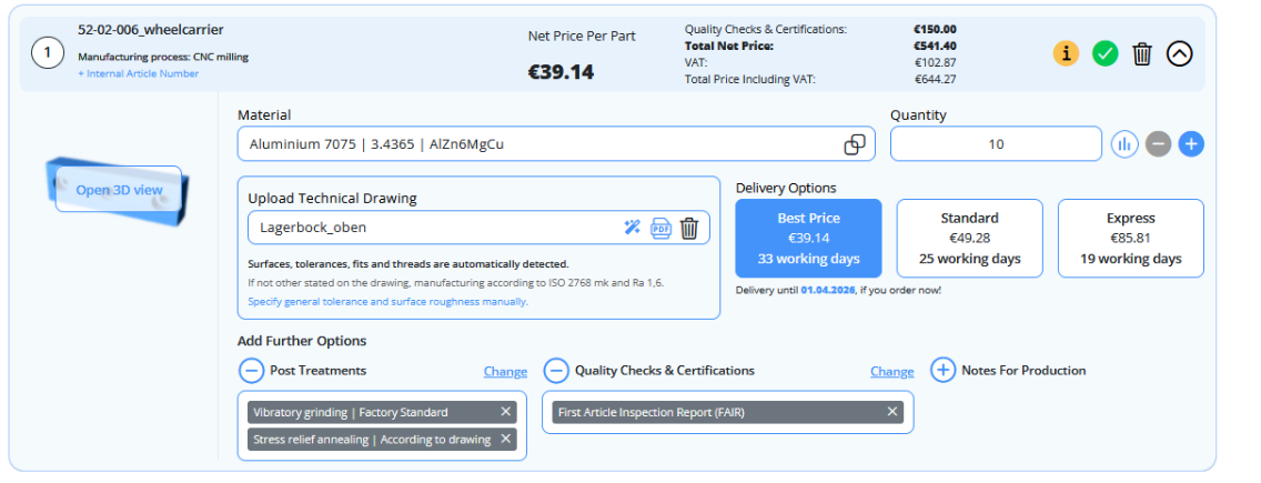 Choose all options for your CNC milled parts on the online configurator to get an instant quote