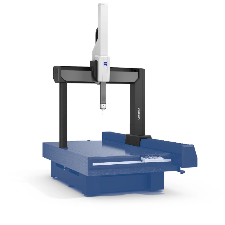 Bridge-style CMM (CONTURA) on a blue granite table with a white vertical probe head for precision measurement of parts.