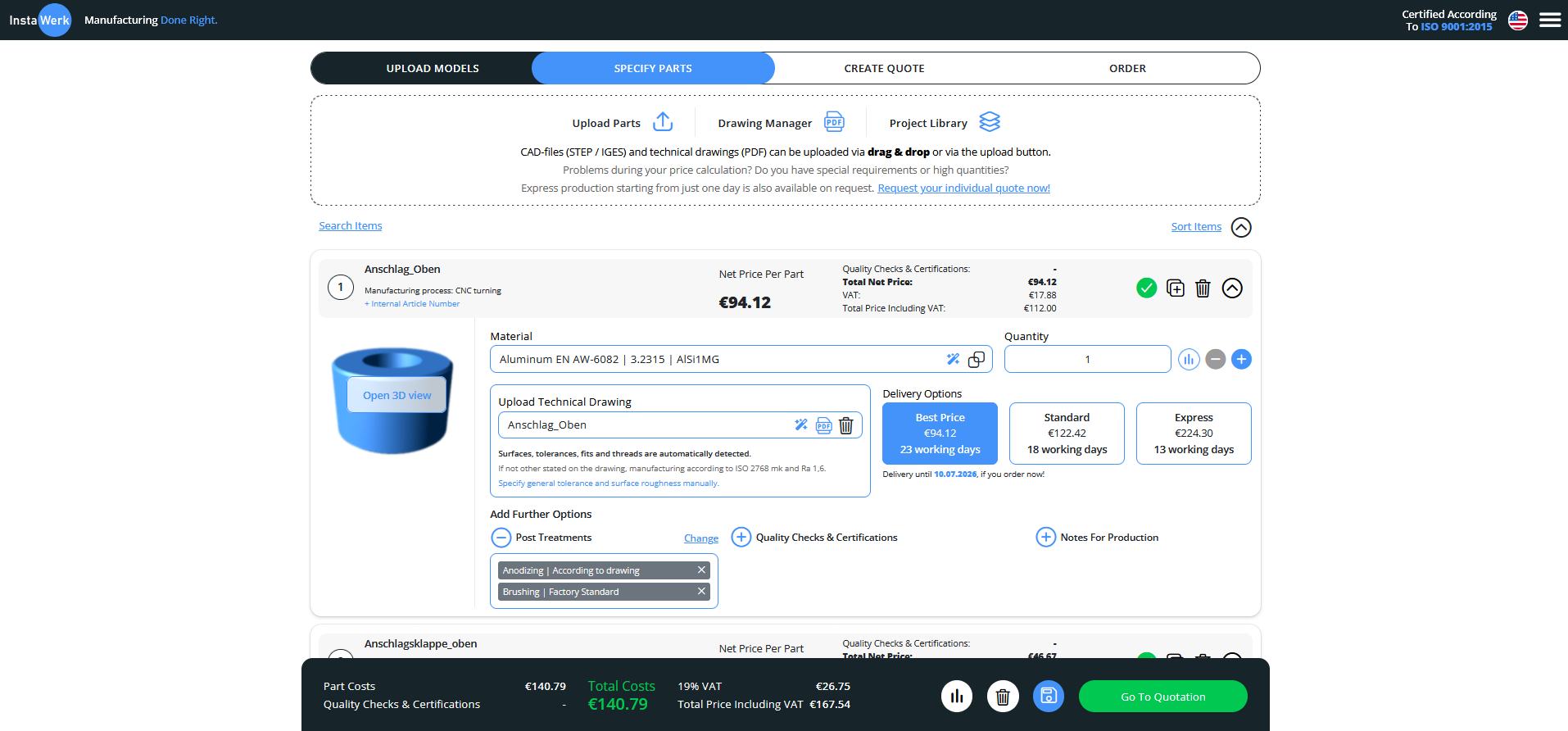 Online-configuration of cnc machined parts with all post processing steps