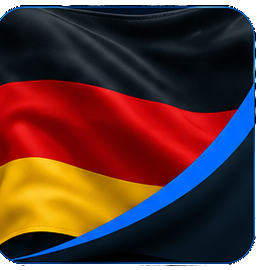 Waving German flag stripes black-red-gold with a blue curved arc on a dark background.